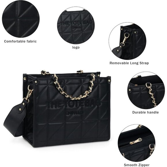 Luxurious Black Quilted Tote Bag with Shoulder Strap - Perfect for Organizing - Picture 4 of 6